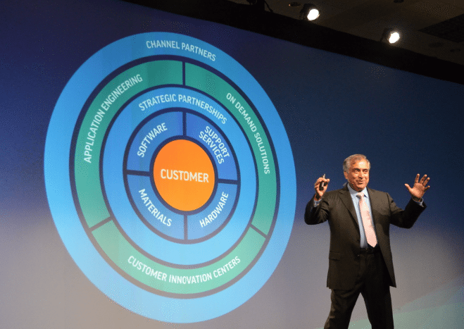 Vyomesh Joshi onstage during IMTS 2016, putting the customer at the center of strategy. Photo by Michael Petch